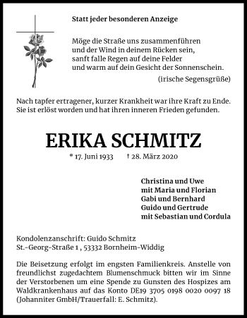 Anzeige von Erika Schmitz von Kölner Stadt-Anzeiger / Kölnische Rundschau / Express
