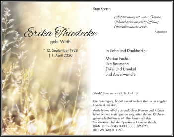 Anzeige von Erika Theidecke von  Anzeigen Echo 