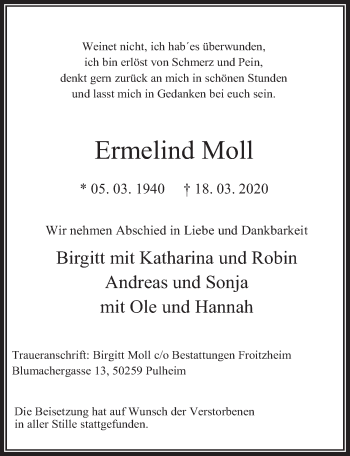 Anzeige von Ermelind Moll von  Wochenende 