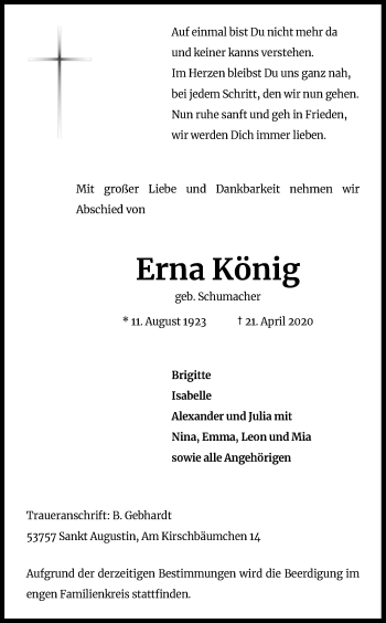 Anzeige von Erna König von Kölner Stadt-Anzeiger / Kölnische Rundschau / Express