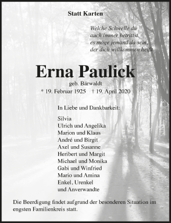 Anzeige von Erna Paulick von  Anzeigen Echo 