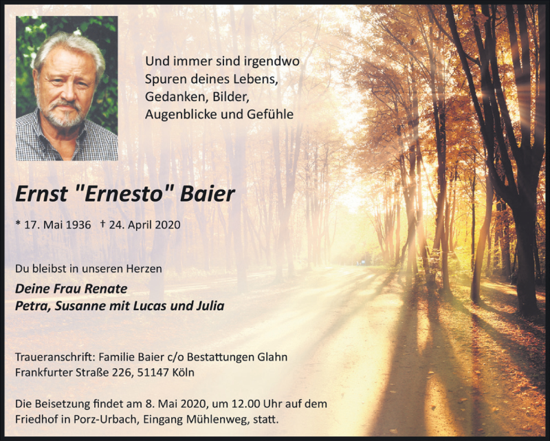  Traueranzeige für Ernst Baier vom 30.04.2020 aus  Kölner Wochenspiegel 
