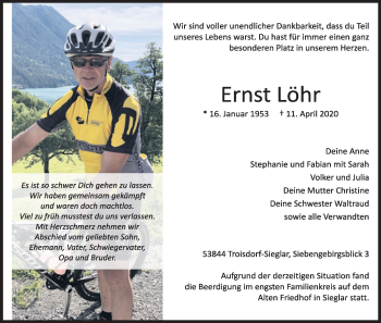 Anzeige von Ernst Löhr von Kölner Stadt-Anzeiger / Kölnische Rundschau / Express