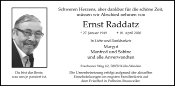 Anzeige von Ernst Raddatz von Kölner Stadt-Anzeiger / Kölnische Rundschau / Express