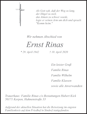 Anzeige von Ernst Rinas von  Werbepost 