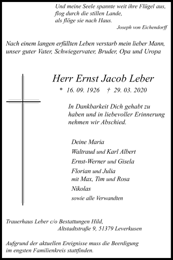 Anzeige von Ernst Jacob Leber von Kölner Stadt-Anzeiger / Kölnische Rundschau / Express