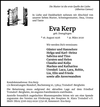 Anzeige von Eva Kerp von Kölner Stadt-Anzeiger / Kölnische Rundschau / Express