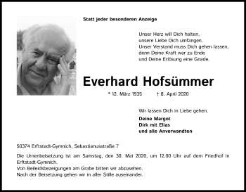 Anzeige von Everhard Hofsümmer von Kölner Stadt-Anzeiger / Kölnische Rundschau / Express