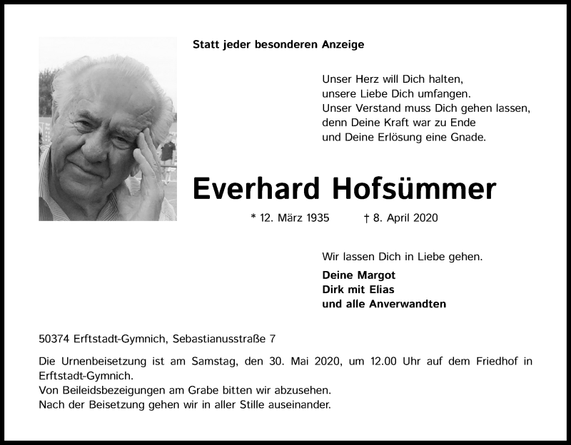  Traueranzeige für Everhard Hofsümmer vom 25.04.2020 aus Kölner Stadt-Anzeiger / Kölnische Rundschau / Express