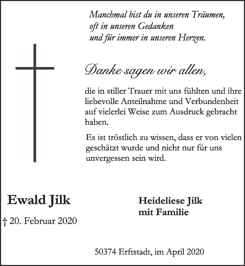 Traueranzeige für Ewald Jilk vom 24.04.2020 aus  Werbepost 