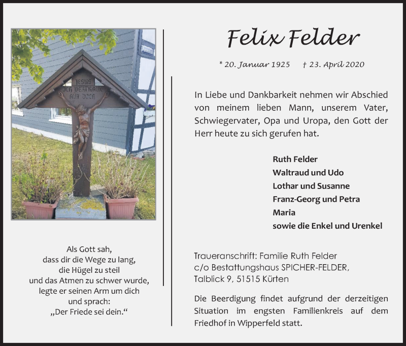  Traueranzeige für Felix Felder vom 29.04.2020 aus Kölner Stadt-Anzeiger / Kölnische Rundschau / Express