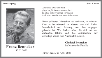 Anzeige von Franz Benneker von  Wochenende 