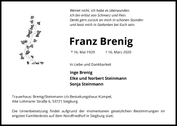 Anzeige von Franz Brenig von Kölner Stadt-Anzeiger / Kölnische Rundschau / Express