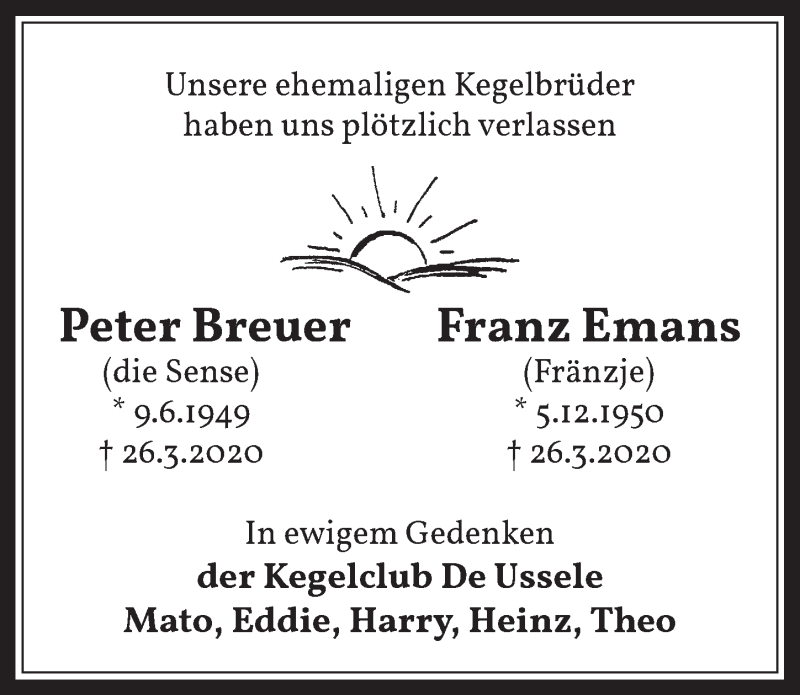  Traueranzeige für Franz Emans vom 30.04.2020 aus  Werbepost 