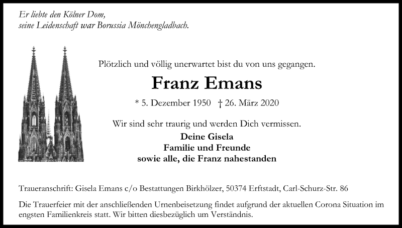  Traueranzeige für Franz Emans vom 11.04.2020 aus Kölner Stadt-Anzeiger / Kölnische Rundschau / Express