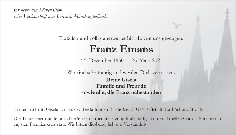  Traueranzeige für Franz Emans vom 10.04.2020 aus  Werbepost 