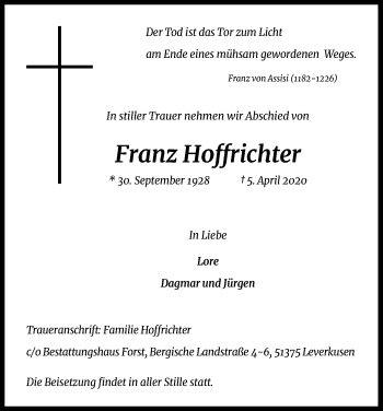 Anzeige von Franz Hoffrichter von Kölner Stadt-Anzeiger / Kölnische Rundschau / Express