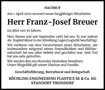 Anzeige von Franz-Josef Breuer von Kölner Stadt-Anzeiger / Kölnische Rundschau / Express