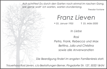 Anzeige von Franz Lieven von  Schlossbote/Werbekurier 