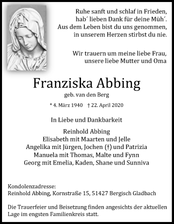 Anzeige von Franziska Abbing von Kölner Stadt-Anzeiger / Kölnische Rundschau / Express
