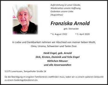 Anzeige von Franziska Arnold von Kölner Stadt-Anzeiger / Kölnische Rundschau / Express