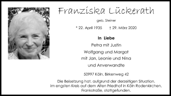 Anzeige von Franziska Lückerath von Kölner Stadt-Anzeiger / Kölnische Rundschau / Express