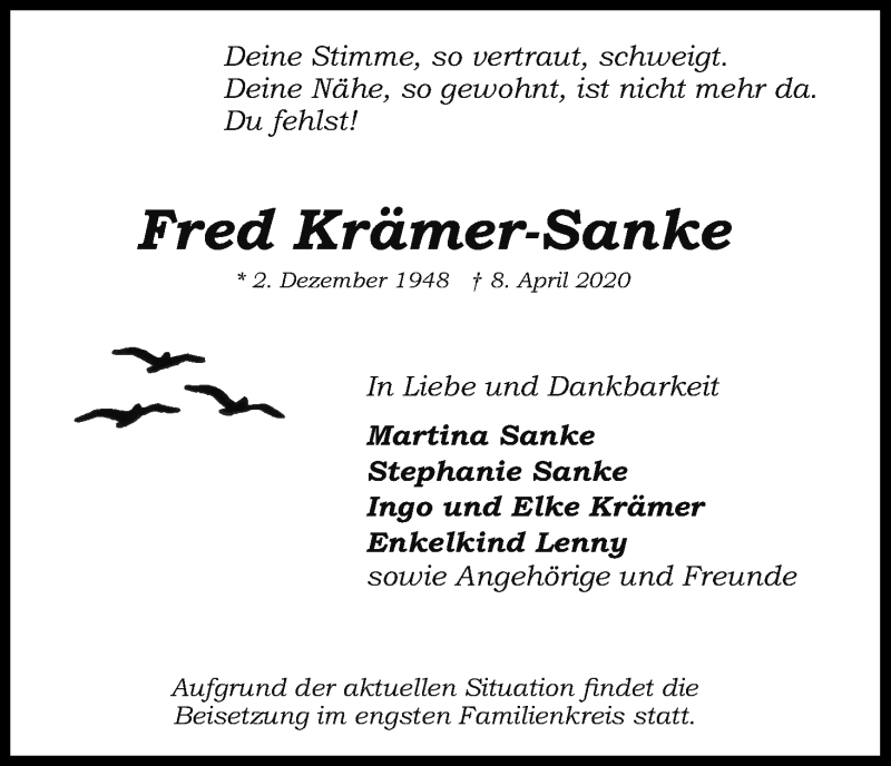  Traueranzeige für Fred Krämer-Sanke vom 25.04.2020 aus Kölner Stadt-Anzeiger / Kölnische Rundschau / Express