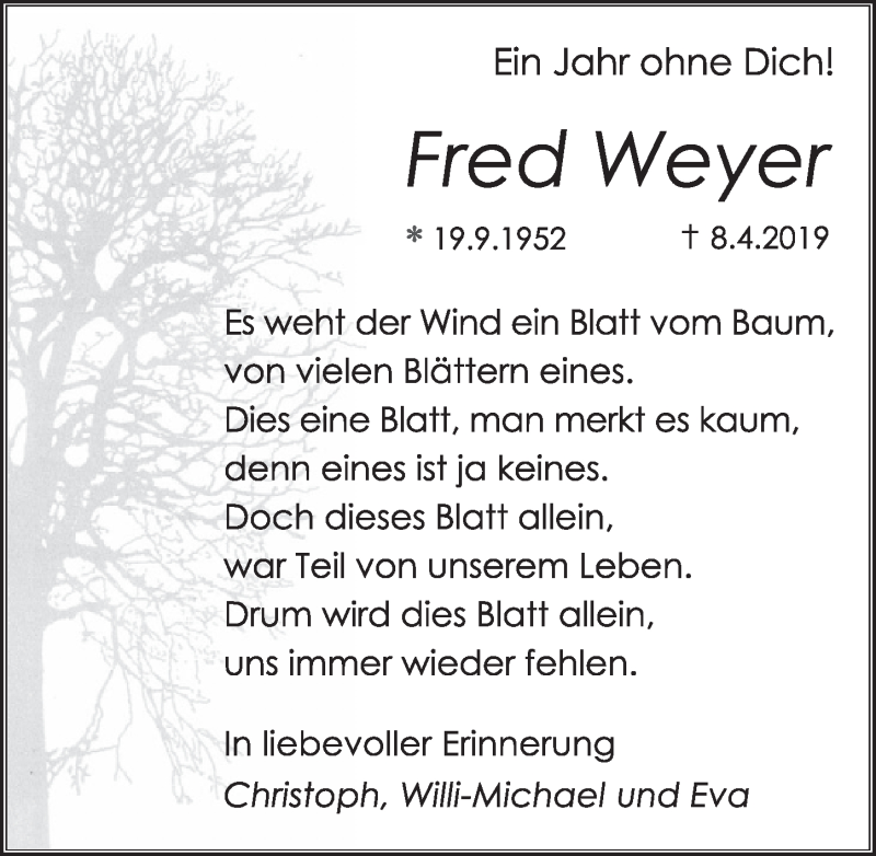  Traueranzeige für Fred Weyer vom 03.04.2020 aus  Schlossbote/Werbekurier 