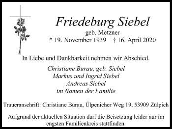 Anzeige von Friedeburg Siebel von Kölner Stadt-Anzeiger / Kölnische Rundschau / Express