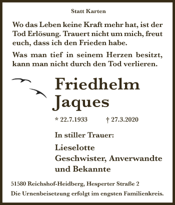 Anzeige von Friedhelm Jaques von  Lokalanzeiger 