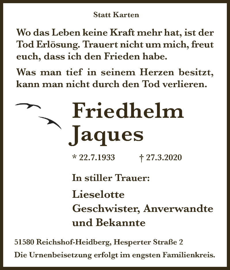  Traueranzeige für Friedhelm Jaques vom 03.04.2020 aus  Lokalanzeiger 