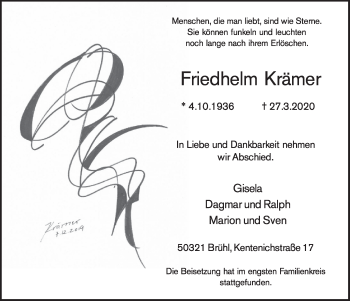 Anzeige von Friedhelm Krämer von  Schlossbote/Werbekurier 