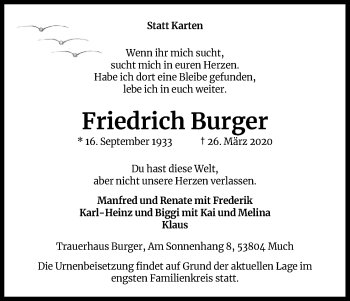 Anzeige von Friedrich Burger von Kölner Stadt-Anzeiger / Kölnische Rundschau / Express