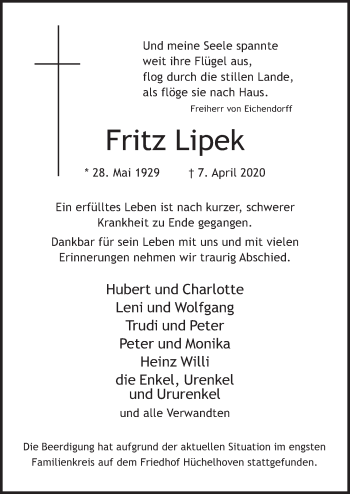Anzeige von Fritz Lipek von  Werbepost 