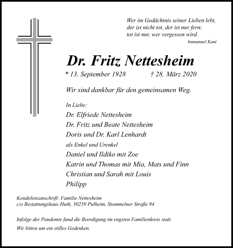  Traueranzeige für Fritz Nettesheim vom 04.04.2020 aus Kölner Stadt-Anzeiger / Kölnische Rundschau / Express