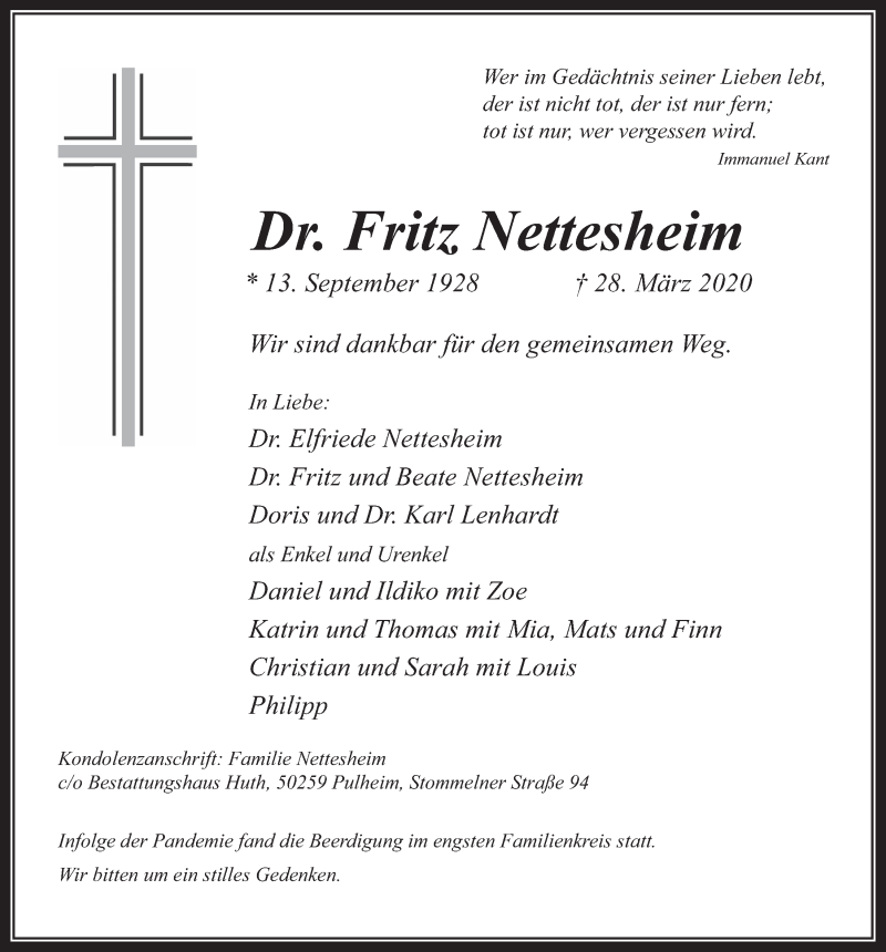  Traueranzeige für Fritz Nettesheim vom 03.04.2020 aus  Wochenende 