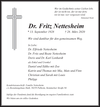 Anzeige von Fritz Nettesheim von  Wochenende 