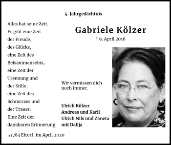 Anzeige von Gabriele Kölzer von Kölner Stadt-Anzeiger / Kölnische Rundschau / Express