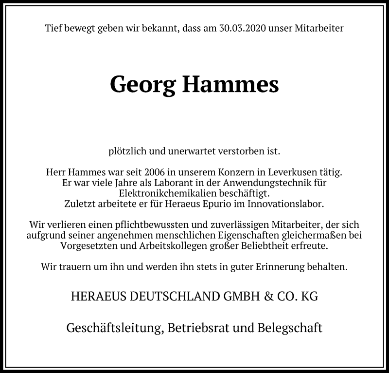  Traueranzeige für Georg Hammes vom 03.04.2020 aus Kölner Stadt-Anzeiger / Kölnische Rundschau / Express