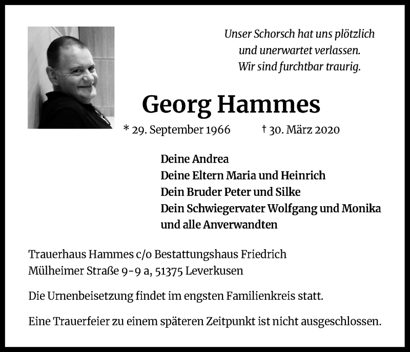  Traueranzeige für Georg Hammes vom 02.04.2020 aus Kölner Stadt-Anzeiger / Kölnische Rundschau / Express