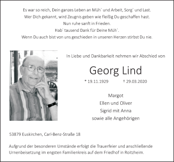 Anzeige von Georg Lind von  Blickpunkt Euskirchen 