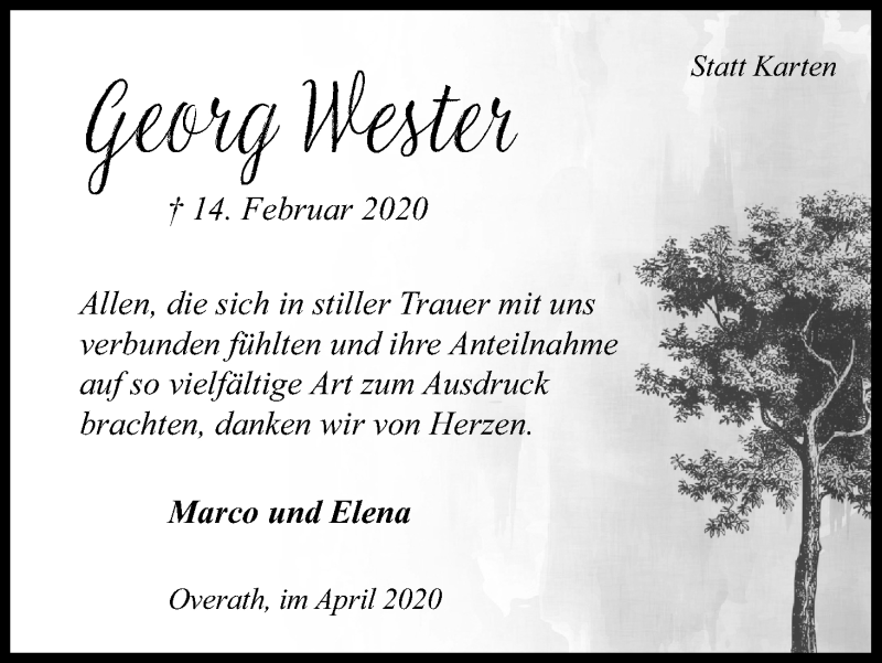  Traueranzeige für Georg Wester vom 04.04.2020 aus Kölner Stadt-Anzeiger / Kölnische Rundschau / Express