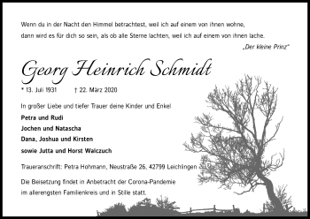 Anzeige von Georg Heinrich Schmidt von Kölner Stadt-Anzeiger / Kölnische Rundschau / Express