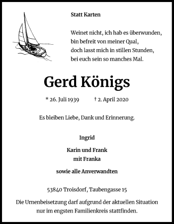 Anzeige von Gerd Königs von Kölner Stadt-Anzeiger / Kölnische Rundschau / Express