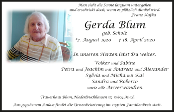 Anzeige von Gerda Blum von  Bergisches Handelsblatt 