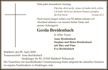 Anzeige von Gerda Breidenbach von  Lokalanzeiger 