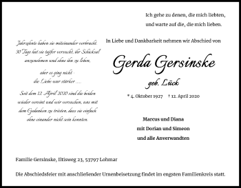 Anzeige von Gerda Gersinske von Kölner Stadt-Anzeiger / Kölnische Rundschau / Express