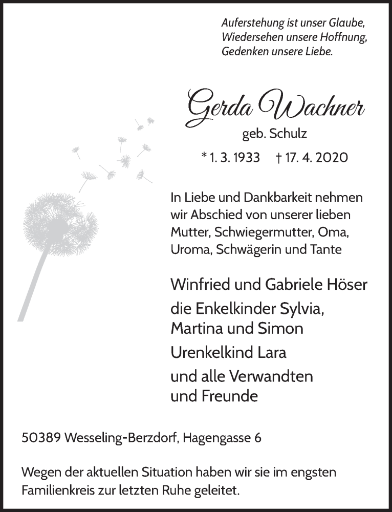  Traueranzeige für Gerda Wachner vom 24.04.2020 aus  Schlossbote/Werbekurier 