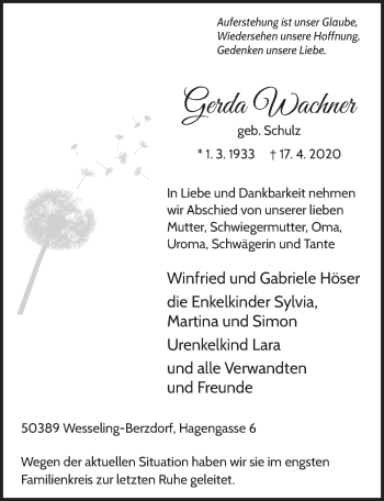 Anzeige von Gerda Wachner von  Schlossbote/Werbekurier 