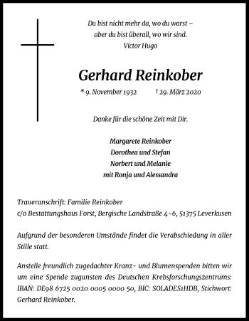 Anzeige von Gerhard Reinkober von Kölner Stadt-Anzeiger / Kölnische Rundschau / Express